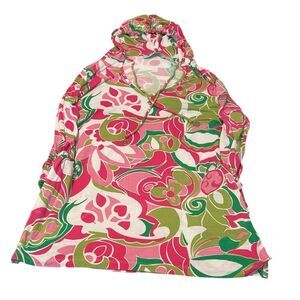 Beach Candie szS pink green white print drawstring hoodie with pockets EUC